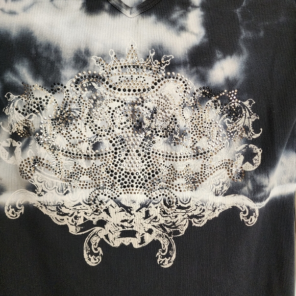 Sledge USA Y2K Tie-Dye Rhinestone Crest V-Neck Top XL Made in USA - Picture 8 of 12